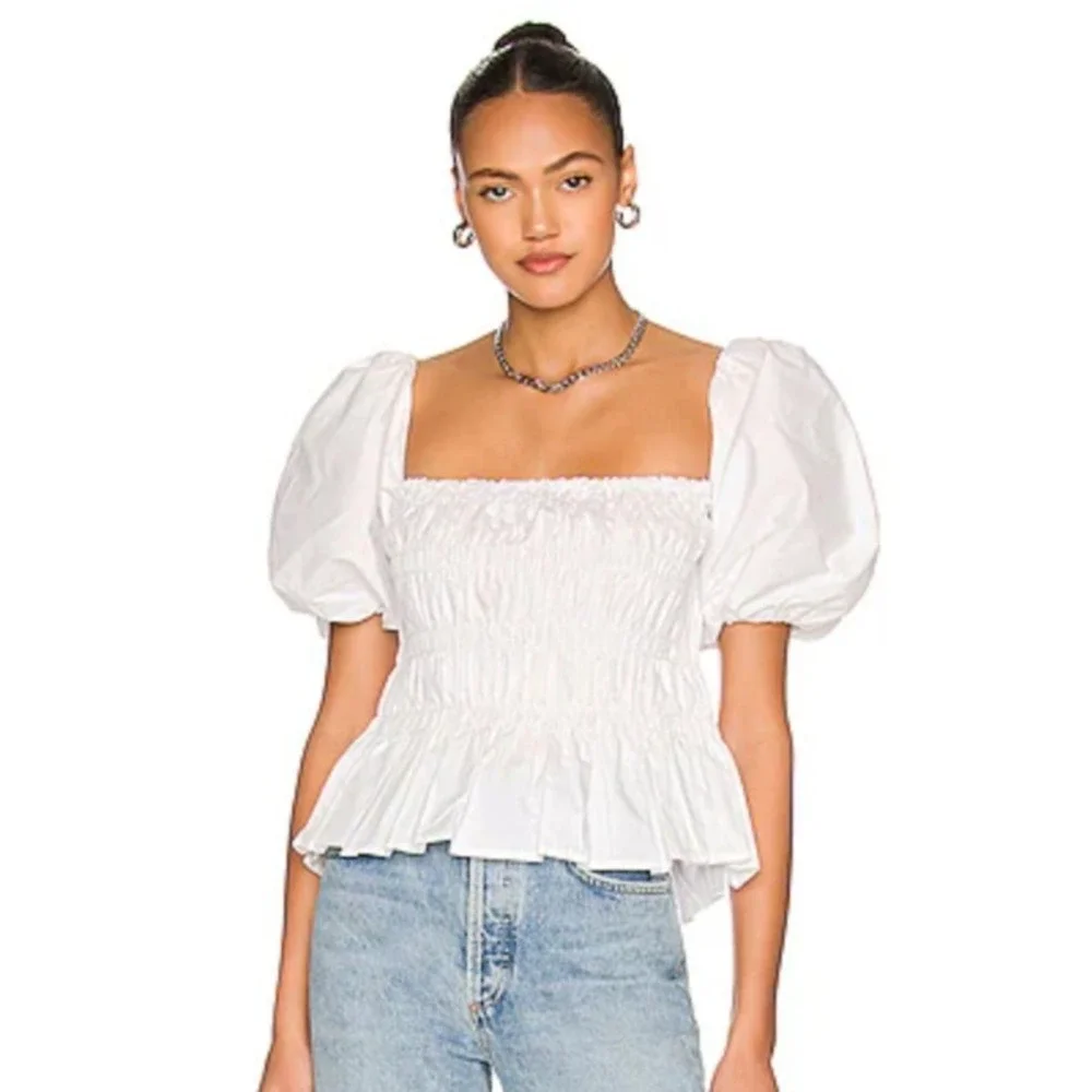 ASTR The Label Savina White Poplin Puff Sleeve Smocked‎ Peplum Ruffle Top Small